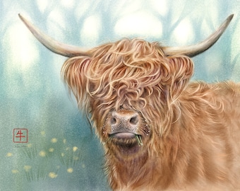 Highland Cow Artwork Giclée Art Print - Chinese Zodiac Animal - Art by Reva Chen