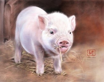Year of the Pig - Pig / Piglet Chinese Zodiac - Farm Animal-  Giclée Art Print - Artwork by Reva Chen