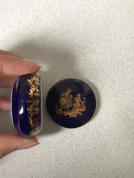 Vintage Limoges Cobalt Blue 22K Gold Round Trinke… - image 4