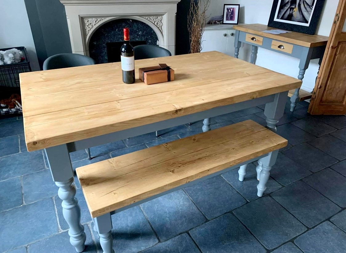 Farmhouse Dining Table With Bench Handmade Dining Table Set | Etsy UK