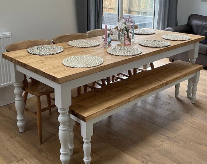 Farmhouse Dining Table With Bench - Handmade Dining Table Set - Rustic ...