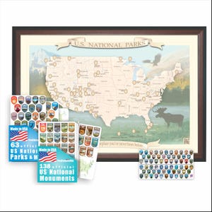 Geschenkkarte der Nationalparks (71 x 48 cm) Kunstdruck: USA-Leinwand mit 3D-Aufklebern und Vinyl-Aufklebern (2,5 x 3,8 cm) und US-Nationaldenkmälern