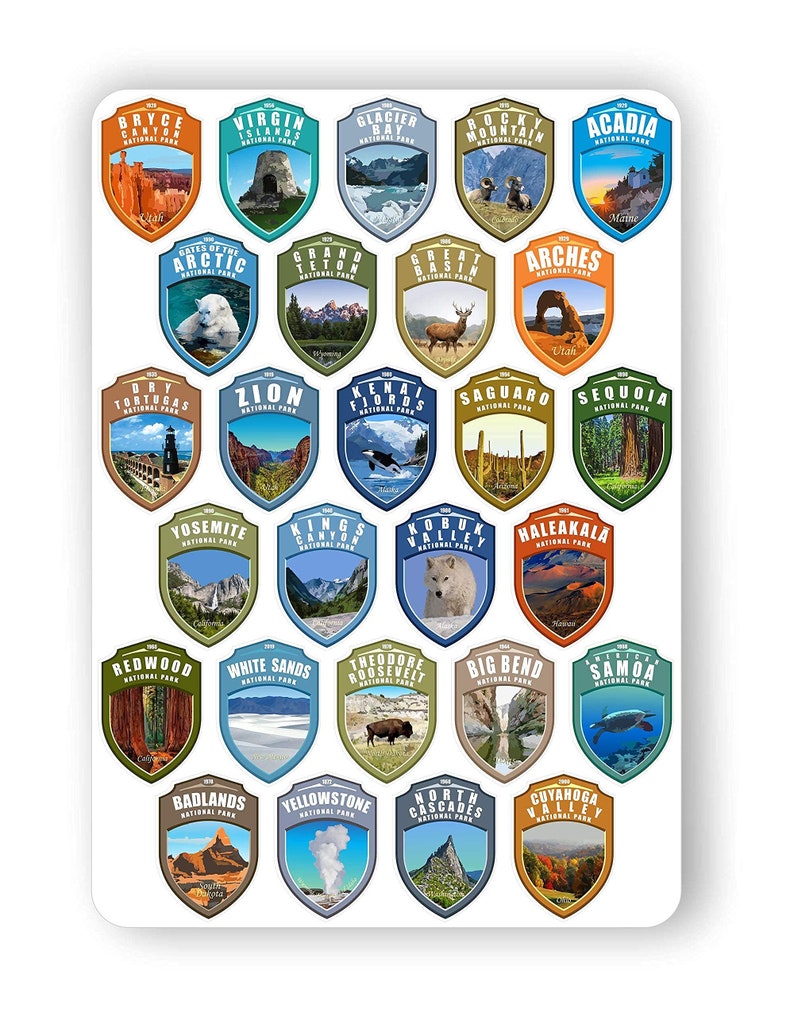 1 x 1.5 inch Collection 63 Stickers Set All National Parks USA N.P. Passport Colors Vinyl Stickers. Map of US National Parks. image 3
