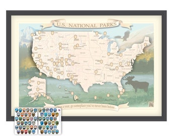 National Parks Map | Push Pin and Domed Stickers | USA National Parks Travel Map in frame