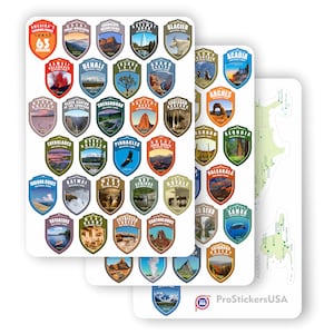 1 x 1.5 inch Collection 63 Stickers Set All National Parks USA | N.P. Passport Colors Vinyl Stickers. Map of US National Parks.