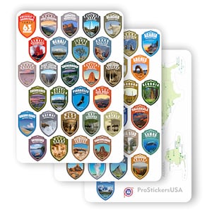 1 x 1.5 inch Collection 63 Stickers Set All National Parks USA N.P. Passport Colors Vinyl Stickers. Map of US National Parks. image 1