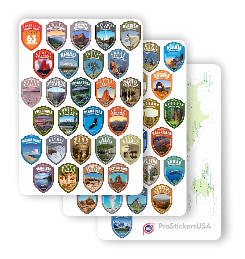 1 x 1.5 inch Collection 63 Stickers Set All National Parks USA N.P. Passport Colors Vinyl Stickers. Map of US National Parks. image 1