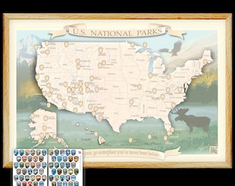 National Parks Map | Push Pin and Domed Stickers | USA National Parks Travel Map in frame oak color