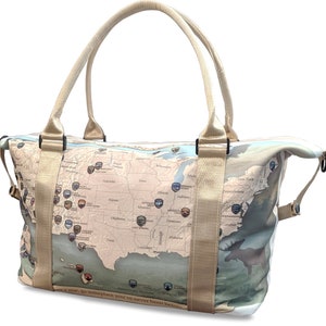Women's travel bag, Weekender - overnight travel bag, Women's large sports bag. US National Parks Map. Collection 2023 (base color beige)