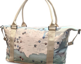 Women's travel bag, Weekender - overnight travel bag, Women's large sports bag. US National Parks Map. Collection 2023 (base color beige)