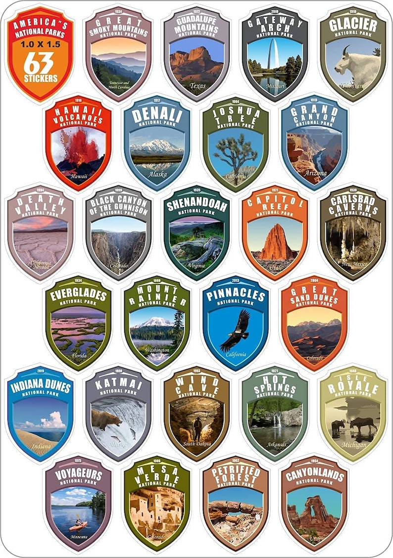 1 x 1.5 inch Collection 63 Stickers Set All National Parks USA N.P. Passport Colors Vinyl Stickers. Map of US National Parks. image 2