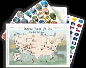 The Travel book 2024 (170 pages) is a guide to the United States national parks with complete stickers for all 63 US national parks.