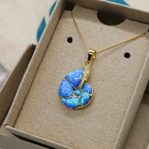 Seashell Necklace - 18K Gold Plated Seashell Pendant with Simulated Blue Opal and White CZ - Sea Life Jewelry - Nautical- Inspired by Ocean