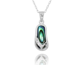 Flip Flop Pendant Sterling Silver Sandal Necklace with Abalone shell and Crystals - Sea Life Silver Beach jewelry gift for woman