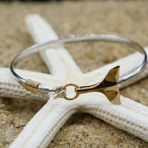 Whale Tail Bracelet Bangle- Whale fin Jewelry 925 Sterling Silver and 18K Gold Plated - Beach jewelry gift boho style -autical inspired