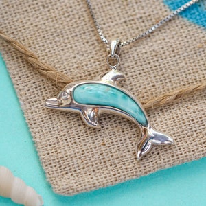 Silver Dolphin Larimar Necklace - 925 Sterling Silver Dolphin Pendant with Larimar - Sea Life and Nautical Jewelry - Perfect For A Beach Day