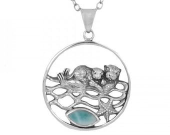 Sea Otter Necklace - Mother Otter with Baby Otter Oxidised Silver Pendant - Beach Jewelry - California Sea Life - Nautical Beach Jewelry