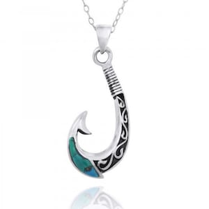Collar con colgante de anzuelo maorí - Colgante de plata de ley con piedra turquesa - Joyería con colgante de anzuelo náutico - Diseño hawaiano - Anzuelo de Moana, Hawái