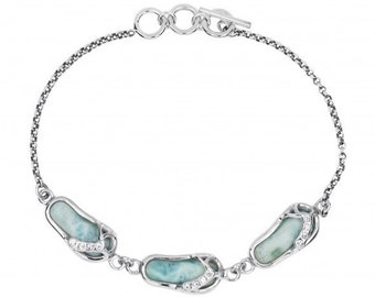 Sterling Silver flip flop  Larimar and White CZ Chain Bracelet -  Sky Blue Larimar Bracelet  - Blue Flip Flops Bracelet - Nautical Jewelry