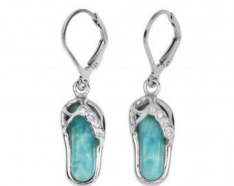 Sterling Silver Flip Flop Lobster Clasp Earrings with Larimar and Cz - Larimar Flip Flop Earrings - Nautical Jewelry - Beach Wear Jewelry