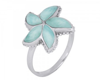 Starfish Ring with Larimar - Elegant Nautical Jewelry - 925 sterling silver starfish ring - high quality Larimar pieces - beach jewelry