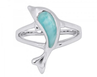 Larimar Dolphin Ring - 925 Sterling silver and AAA Larimar Piece - Nautical and Sea Life Jewelry - Beach Wedding party item - baby Dolphin