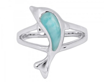 Anillo de delfín con larimar - Plata de ley 925 y larimar AAA - Joyería náutica y marina - Ideal para bodas en la playa - Delfín bebé