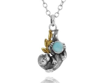 Sea Otter Pendant , California Coast Animal Necklace Oxidized Silver 14k Gold Plated with Natural Blue Gemstone Larimar gift for woman