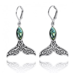 May include: Sterling silver earrings with a mermaid tail design and abalone shell accents. The earrings have a leverback closure.