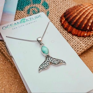 925 Sterling Silver Whale Tail Necklace -  Larimar Whale Tail Pendant - Sea Life Hawaiian Design Pendant - Maori Design