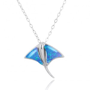 Stingray Necklace - 925 Sterling Silver Stingray Pendant with Simulated Blue Opal - Sea Life Jewelry -Nautical Themed -Inspired by the Ocean