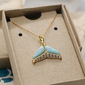 Whale Tail Necklace - 18K Gold Plated Whale Tail Pendant with Larimar and White CZ - Sea Life Jewelry - Nautical Themed - Inspired by Ocean