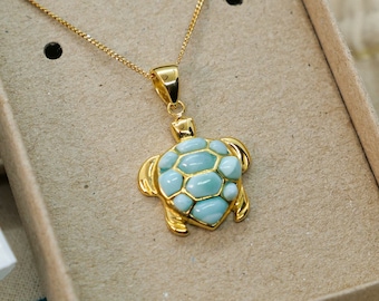 Gold Sea Turtle Larimar Pendant Necklace-18K Gold Plated Turtle Necklace with Natural Larimar- Nautical Beach Tropical Boho Style Woman Gift