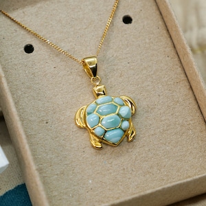 Gold Sea Turtle Larimar Pendant Necklace-18K Gold Plated Turtle Necklace with Natural Larimar- Nautical Beach Tropical Boho Style Woman Gift