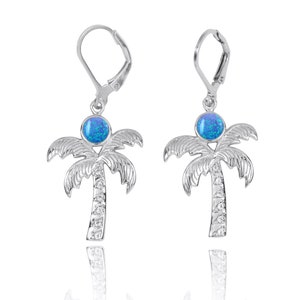 Sterling Silver Palm Tree with Abalone Shell and White Topaz Lever Back Earrings - Sea Life Beach Jewelry - Nautical Themed - Handmade