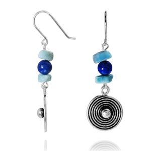 Silver Boho Dangling Earring with Free Shape Larimar and Lapis Balls, Spiral Design 925 Sterling Silver Coin , Nautical Beach Gift for Her