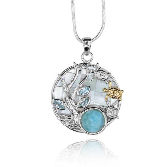 Sterling Silver Larimar and Blue CZ Turtle Sea Life Pendant Sterling Silver Larimar and Blue CZ Turtle Sea Life Pendant