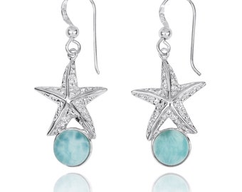 Larimar Starfish Earrings Sterling Silver Dangling Earrings  Beach Jewelry Natural Blue Gemstone Nautical Gift for woman Hawaii Boho Style