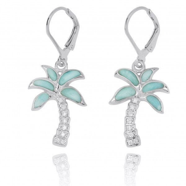 Sterling Silver Palm Tree with Larimar and White CZ Lever Back Earrings - Sky Blue Larimar Earrings - Nautical Jewelry - Tropical Palm Tree