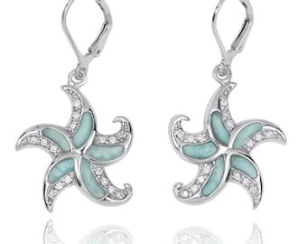Starfish Lever Back Earrings with Larimar and White CZ - Sea Life Beach Silver 925 Jewelry - Nautical Themed - Inspired by the Ocean