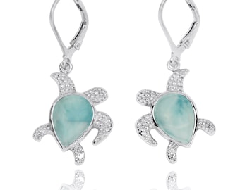 Sterling Silver Turtle with Teardrop Larimar Lobster Clasp Earrings - Beach Sea Life Silver Jewelry - Nautical