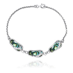 May include: A silver chain bracelet with three abalone shell charms. Each charm is shaped like a flip-flop and has small clear crystals.