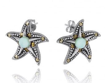 Larimar Starfish Stud Earrings //  Larimar and Marcasite Nautical Earrings - starfish jewelry - ocean inspired - beach wedding party item