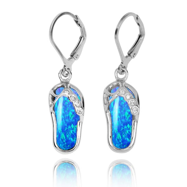 Sterling Silver Sandal Lobster Clasp Earrings with SImulated Blue Opal Earrings - Sea Life Jewelry - Nautical Themed - Inspired by Ocean