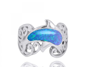 Sterling Silver Dolphin Ring with Simulated Blue Opal and Black Spinel - Beach Sea Life Silver 925 Jewelry - Inspired by Ocean - Handmade