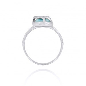 May include: A silver ring with a blue gemstone set in a heart-shaped design.