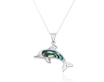 Dolphin Necklace - Sterling Silver Dolphin with Abalone shell Pendant - Beach Sea Life Jewelry - Inspired by Ocean - Nautical Themed - Gift