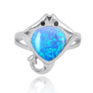 Sterling Silver Manta Ray Ring with Simulated Blue Opal and Black Spinel - Beach Sea Life Silver Jewelry - Nautical - Inspired by Ocean image 1