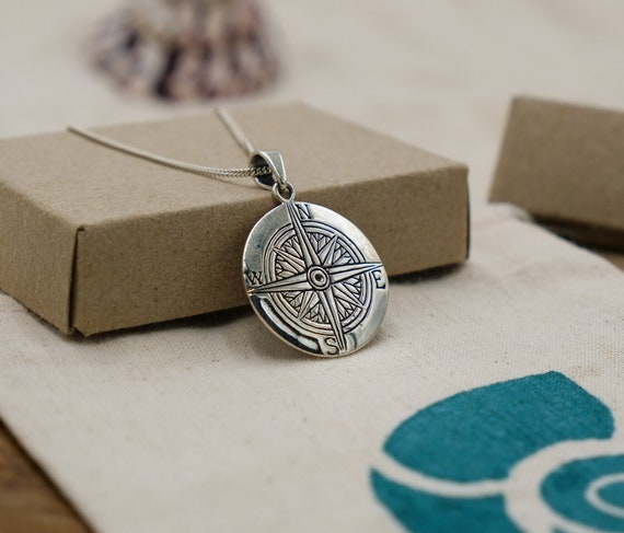 Silver Compass Necklace - 925 Sterling Silver Nautical Pendant, Handmade Boho Jewelry for woman Compass Charm and Silver Chain Ocean jewelry