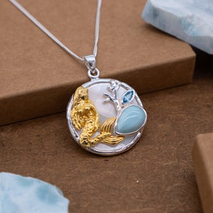 Gold Mermaid Necklace with Larimar & Blue Topaz, Silver Seashell Background, Nautical Mermaid Pendant for Women, Gift for Island Girl